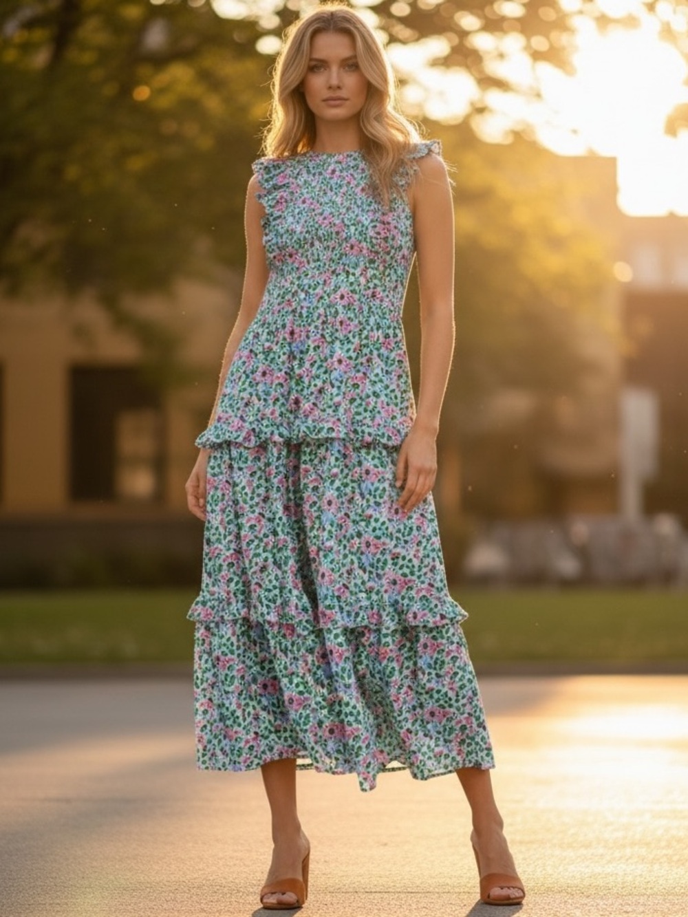 Banjanan Strawberry Iris Maxi Dress Smocked Cotton Tiered NWT XL
